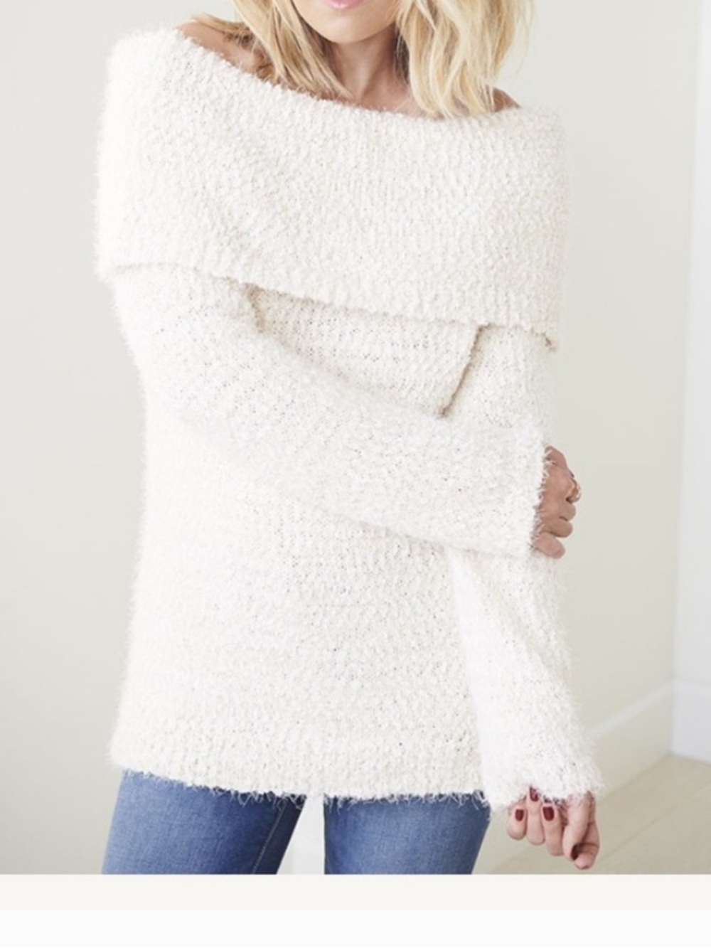 LC Lauren Conrad Off-Shoulder Grey fuzzy knit Sweater